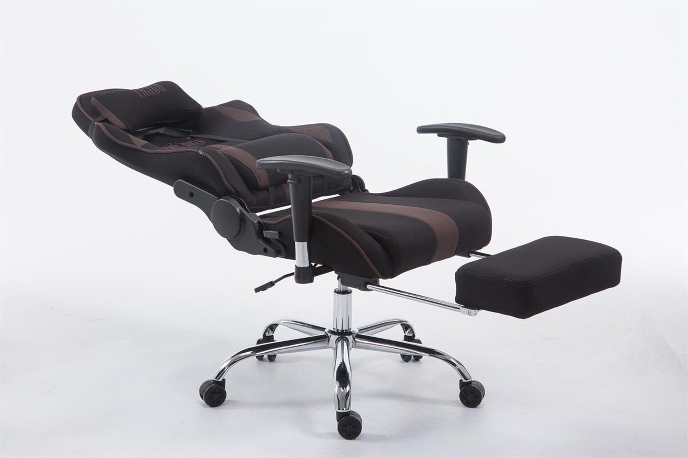 TPFLiving Gaming-Stuhl Limitless-2 mit bequemer Rückenlehne - höhenverstellbar - 360° drehbar (Schreibtischstuhl, Drehstuhl, Gamingstuhl, Racingstuhl, Chefsessel), Gestell: Metall chrom - Sitzfläche: Stoff schwarz/braun