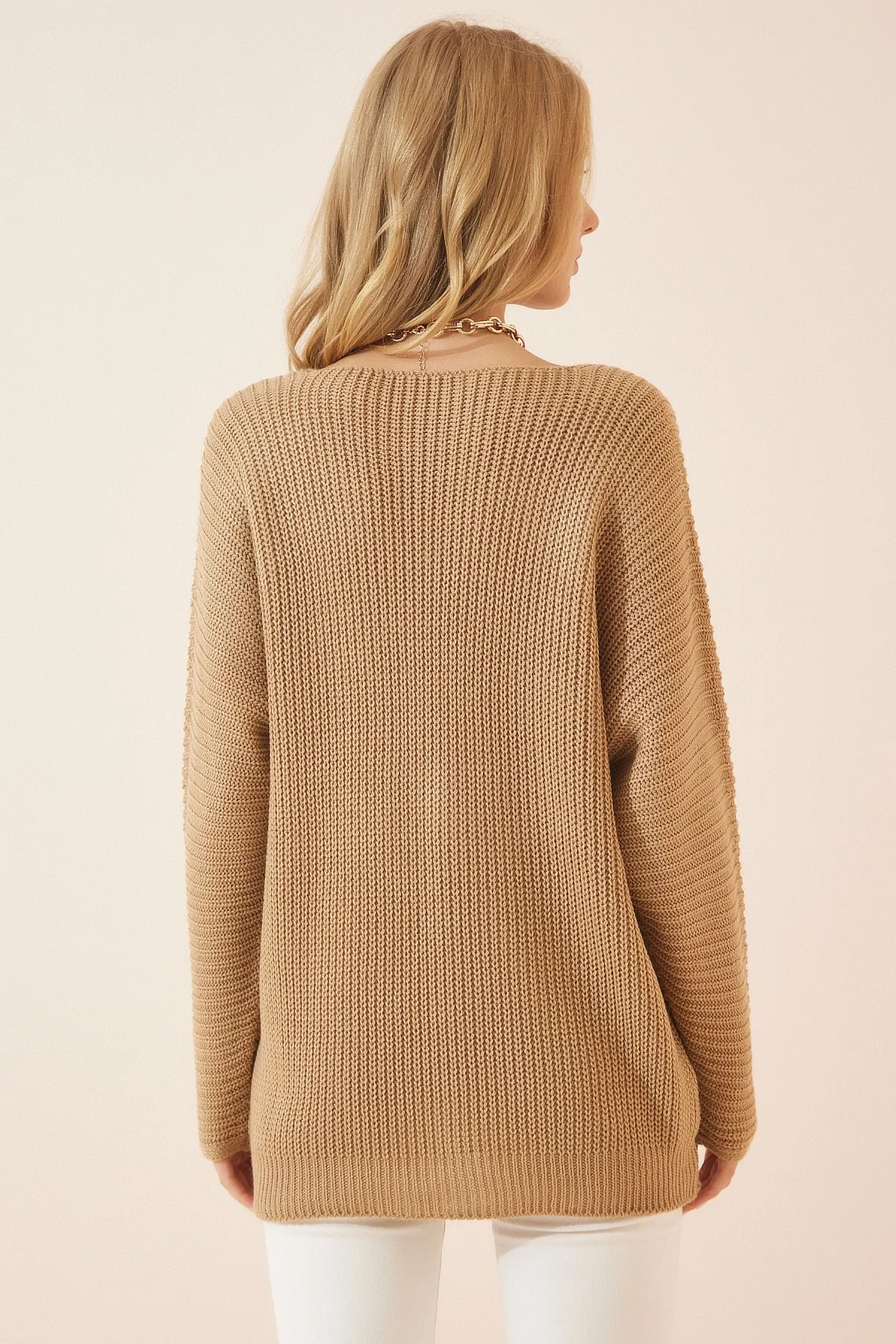 Happiness İstanbul  Damen-Strickpullover „Thessaloniki“ in Keksform mit V-Ausschnitt, Übergröße, ZA00059