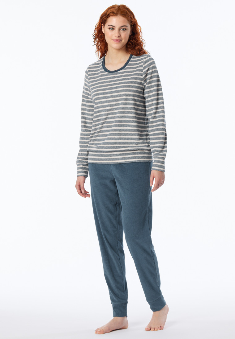 Schlafanzug lang Frottee Bündchen Ringel jeansblau - Casual Essentials