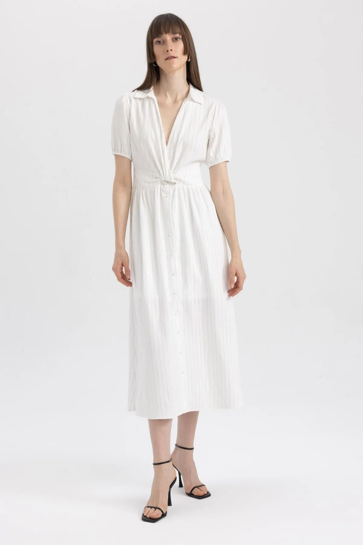 DeFacto  Gestreiftes Midi-Kurzarmkleid mit Hemdkragen