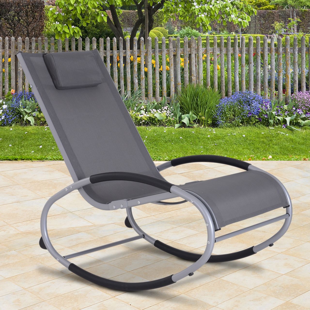 Outsunny Schaukelstuhl Schaukelliege Gartenliege Schwungliege mit Kopfkissen wetterfest Aluminium   Texteline Grau bis 120 kg 120 x 61 x 88 cm