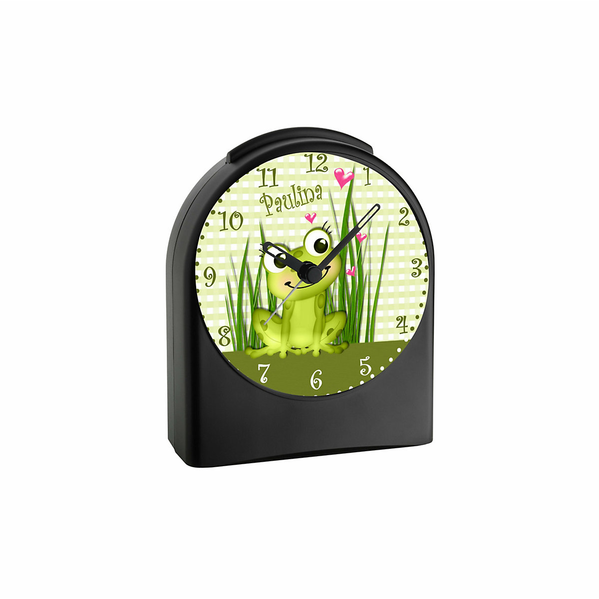 Kinder Funkwecker personalisiert mit Namen Frosch Atom-/Funkuhr, 12-Stunden-Anzeigeformat, Schlummerfunktion, Nachtlicht, Geräuschlos/Ohne Ticken