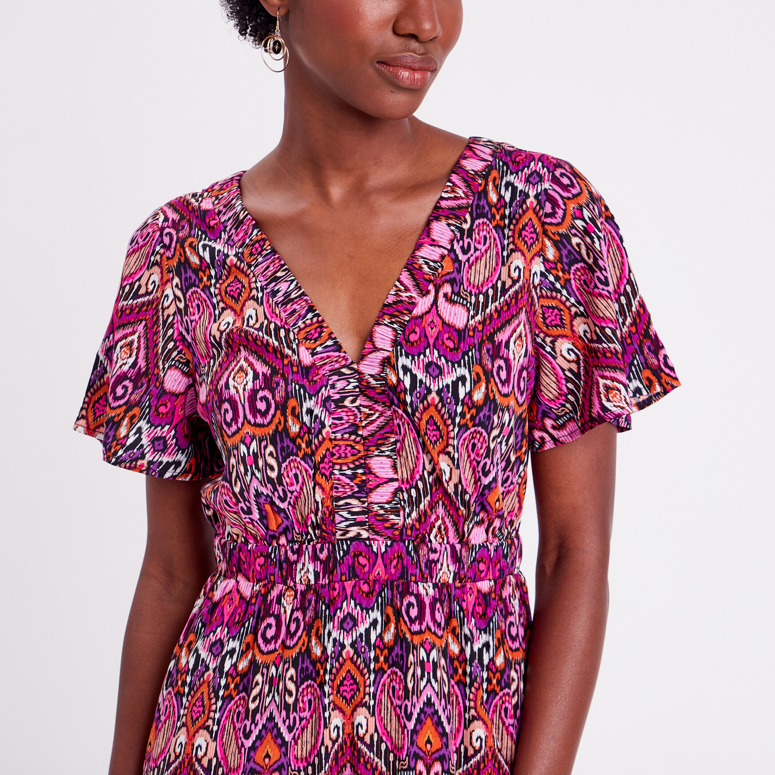 Robe longue évasée col en V orange femme | Cache Cache