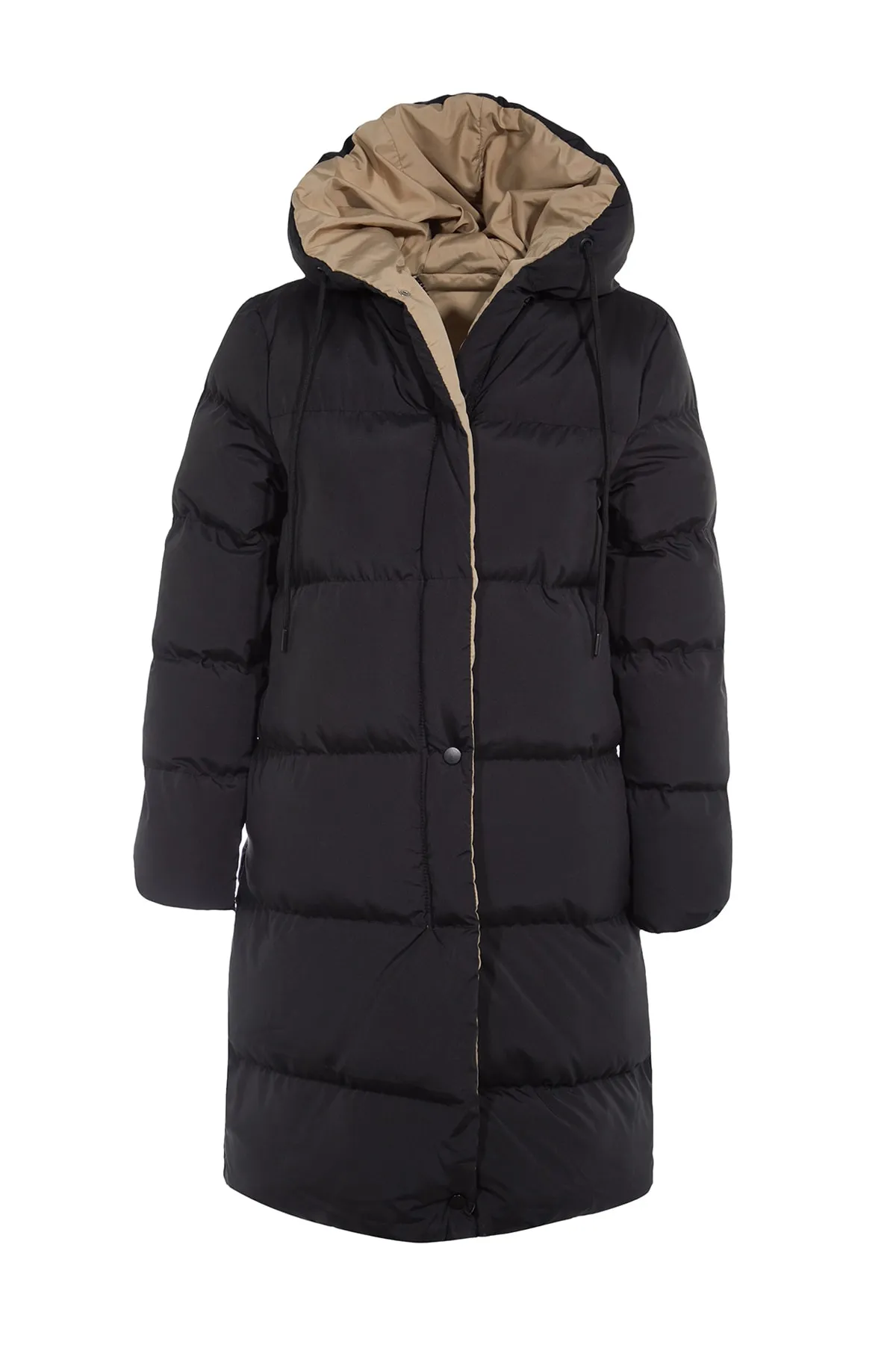 Trendyol Collection  Schwarz-beige, wendbare, wasserabweisende lange Pufferjacke mit Kapuze TWOAW23MO00052