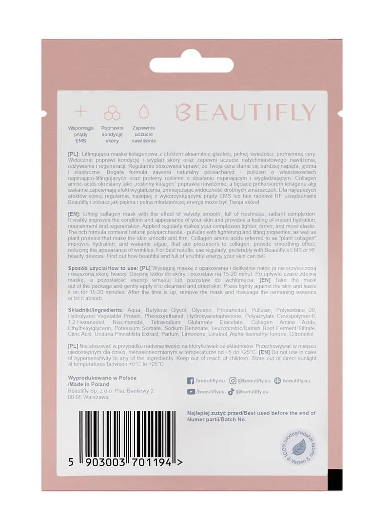Maschera di bellezza al collagene Beautifly - Maschera in tessuto levigante al collagene, 1 pezzo.