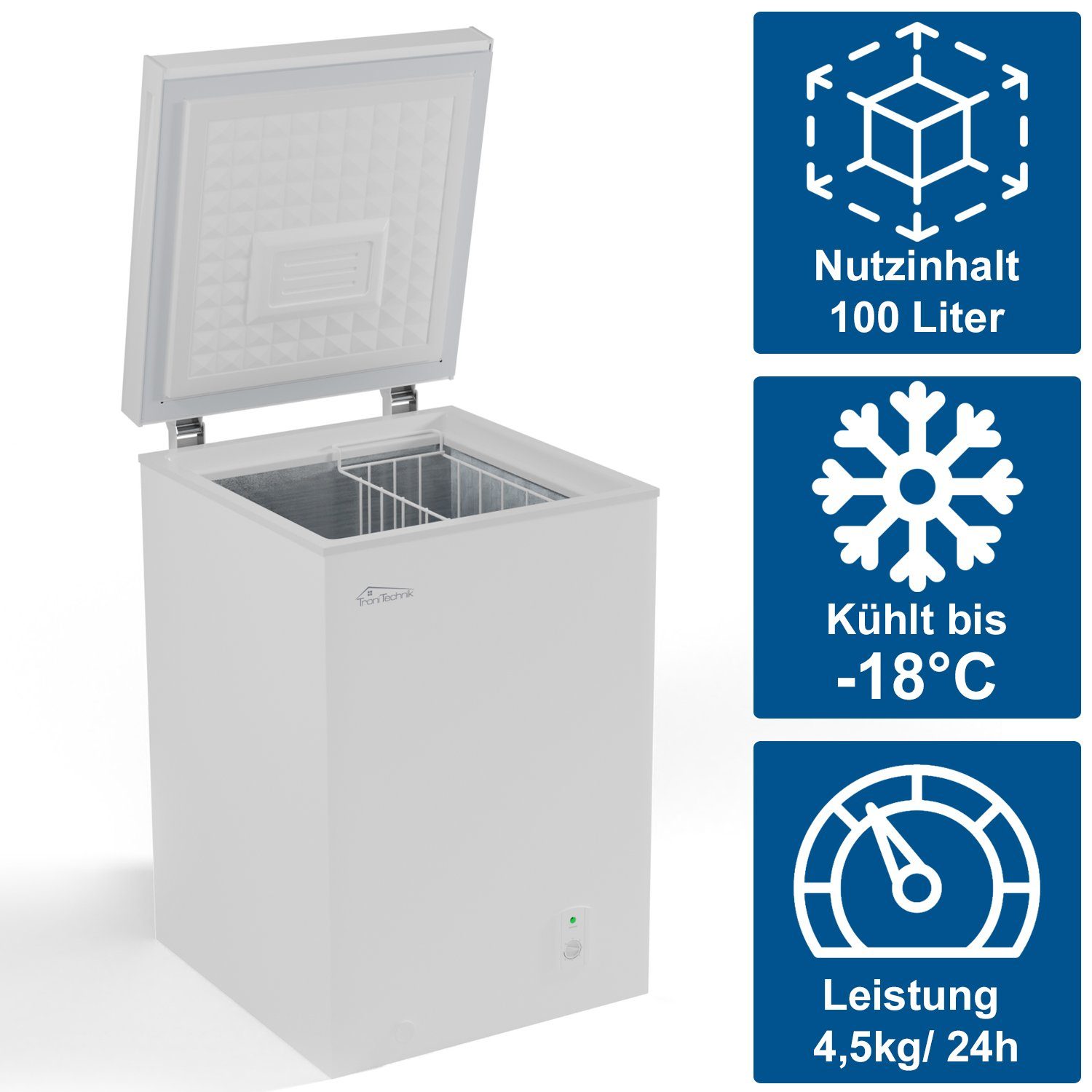 TroniTechnik Gefriertruhe BORGAR 110, 85 cm breit, 100 l, inkl. Einlegekorb, 100 Liter Volumen und Gefrierleistung von 4,5kg/h