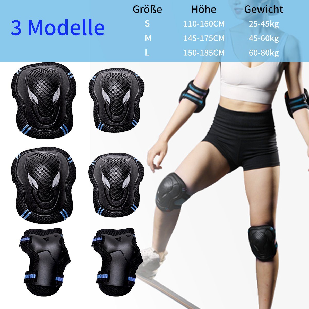 7Magic Protektoren-Set S/M/L 6 in 1 Profi Knieschützer (Verstellbar Knieschoner Ellenbogenschützer), für Outdoor Sport, Inliner Skaten, Roller, Skateboard