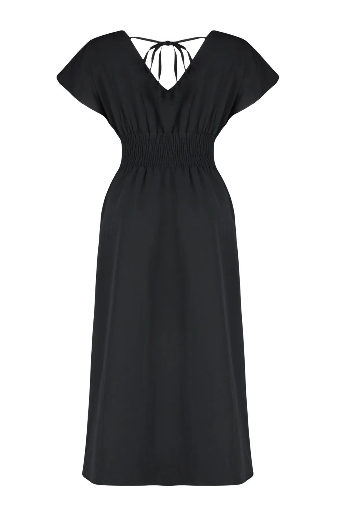 Trendyol Curve  Schwarzes gewebtes Kleid mit V-Ausschnitt und geraffter Taille TBBSS24AH00071