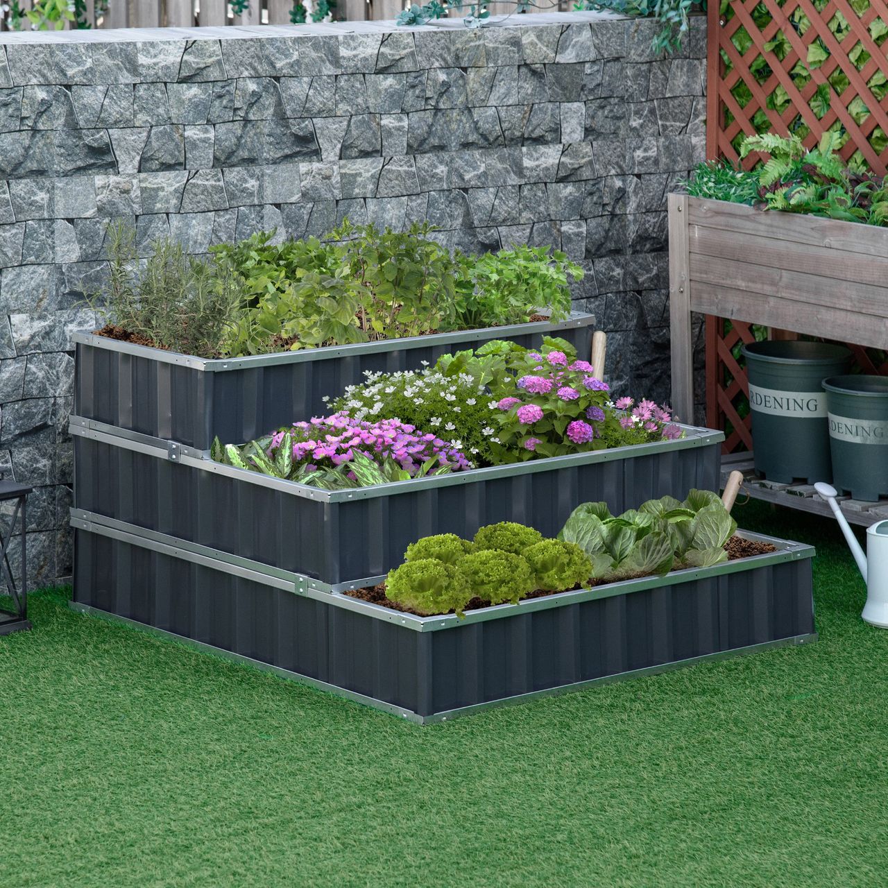 Outsunny Hochbeet aus Stahl Blumentreppe Dunkelgrau 118 x 118 x 62 cm