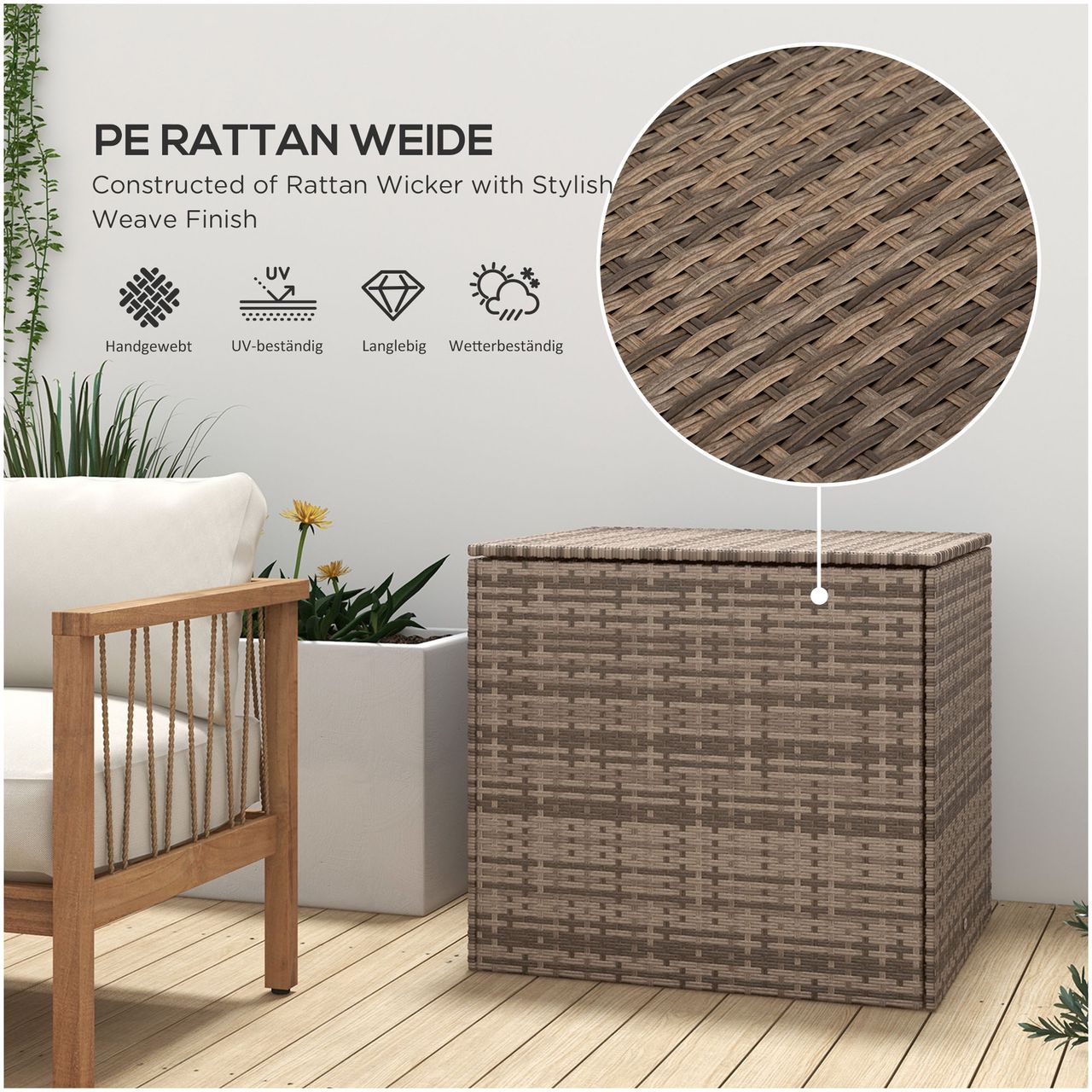 Outsunny Polyrattan Auflagenbox, Kissenbox mit Deckel, Hubautomatik, Sand