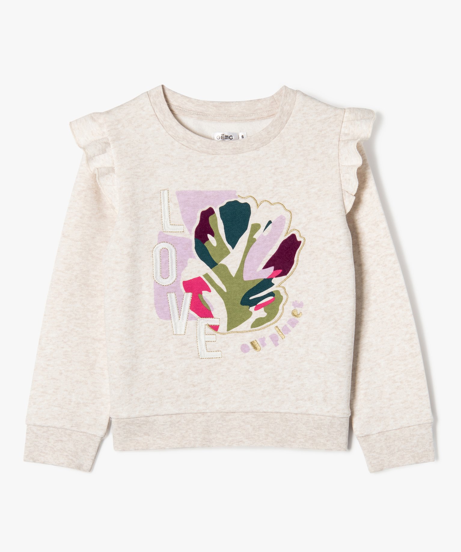 Sweat à volants aux épaules et motif brodé fille ecru | GEMO