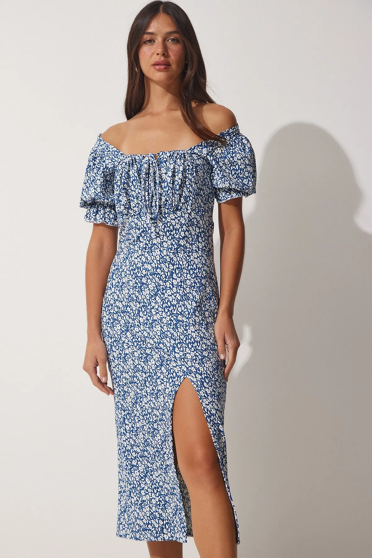 Happiness İstanbul  Blaues gerafftes Sommer-Strickkleid für Damen MC00188