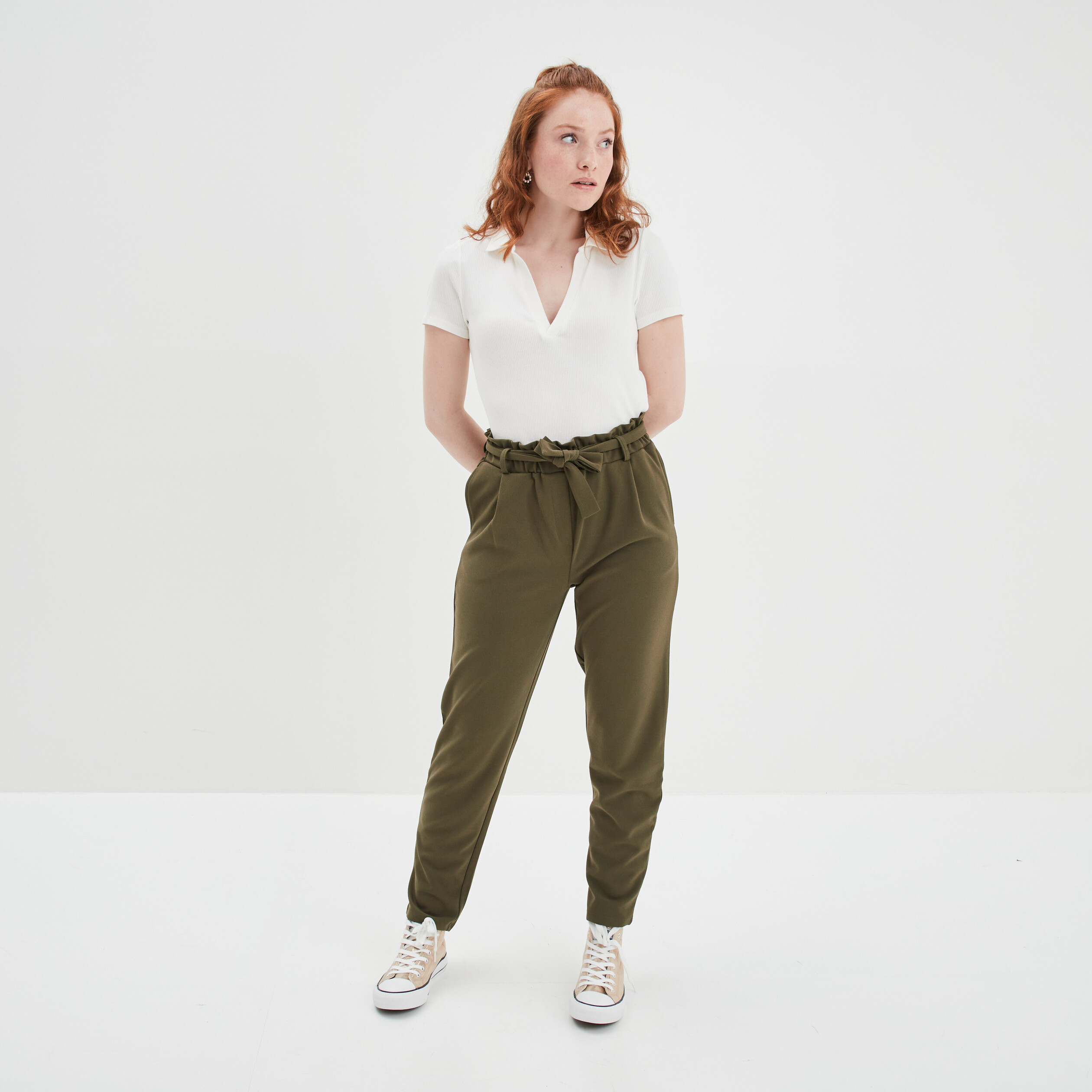 T-shirt court côtelé col polo coton blanc femme | La Halle