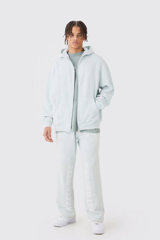 Oversized Zip Thru Funnel Neck Acid Wash Puff Print Tracksuit