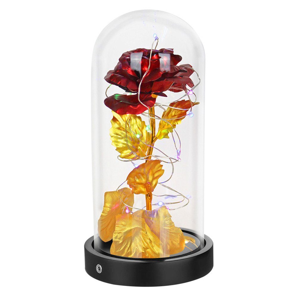 Kunstblume Rose im Glas: Edle Kunst-Rose & Bär, mit LED Lichter,ewige Blumen, Sunicol, Höhe 22 cm, für Hochzeit Muttertag Geburtstag Valentinstag Geschenk