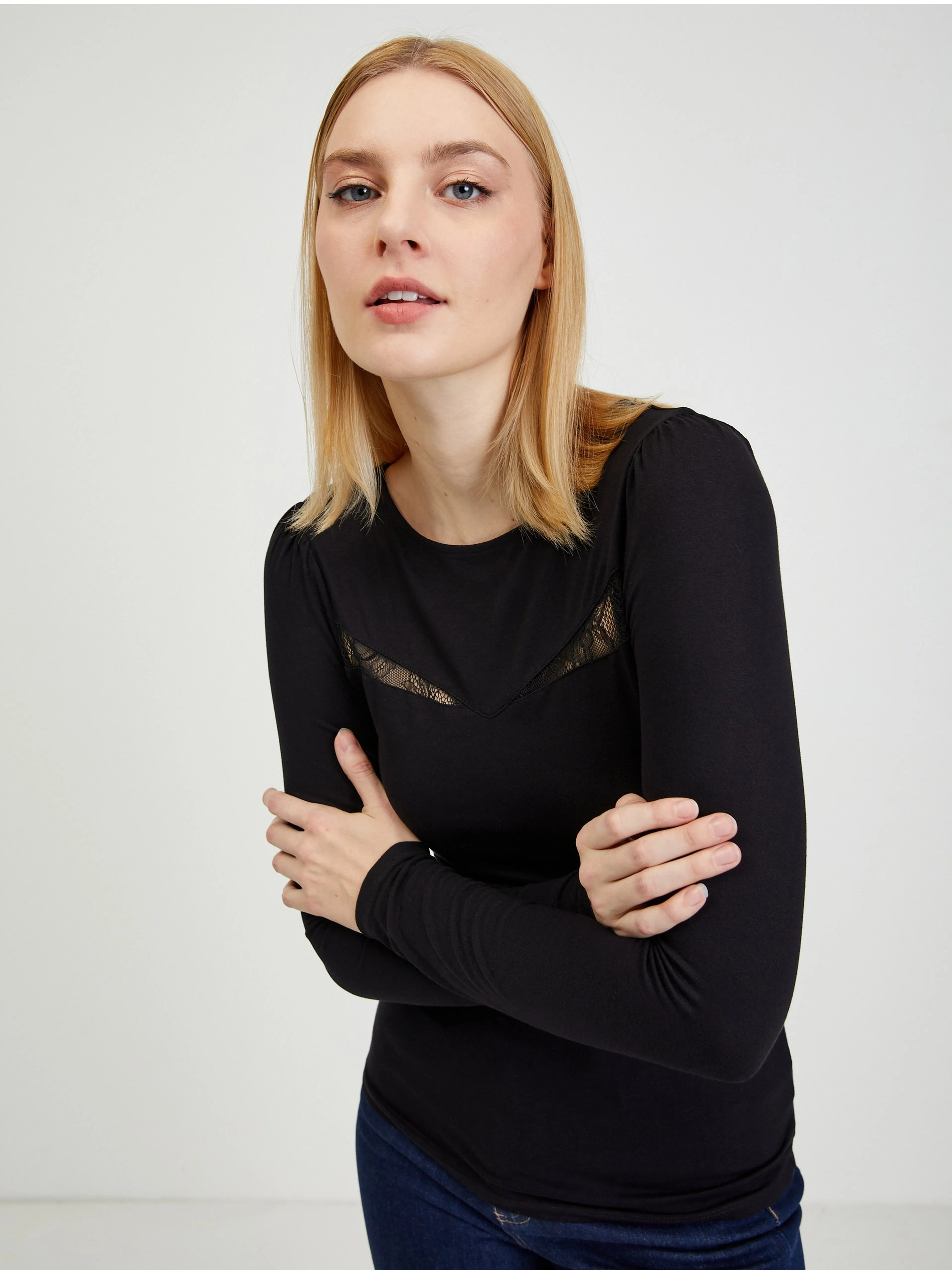 Schwarzes Damen T-Shirt mit Spitze ORSAY