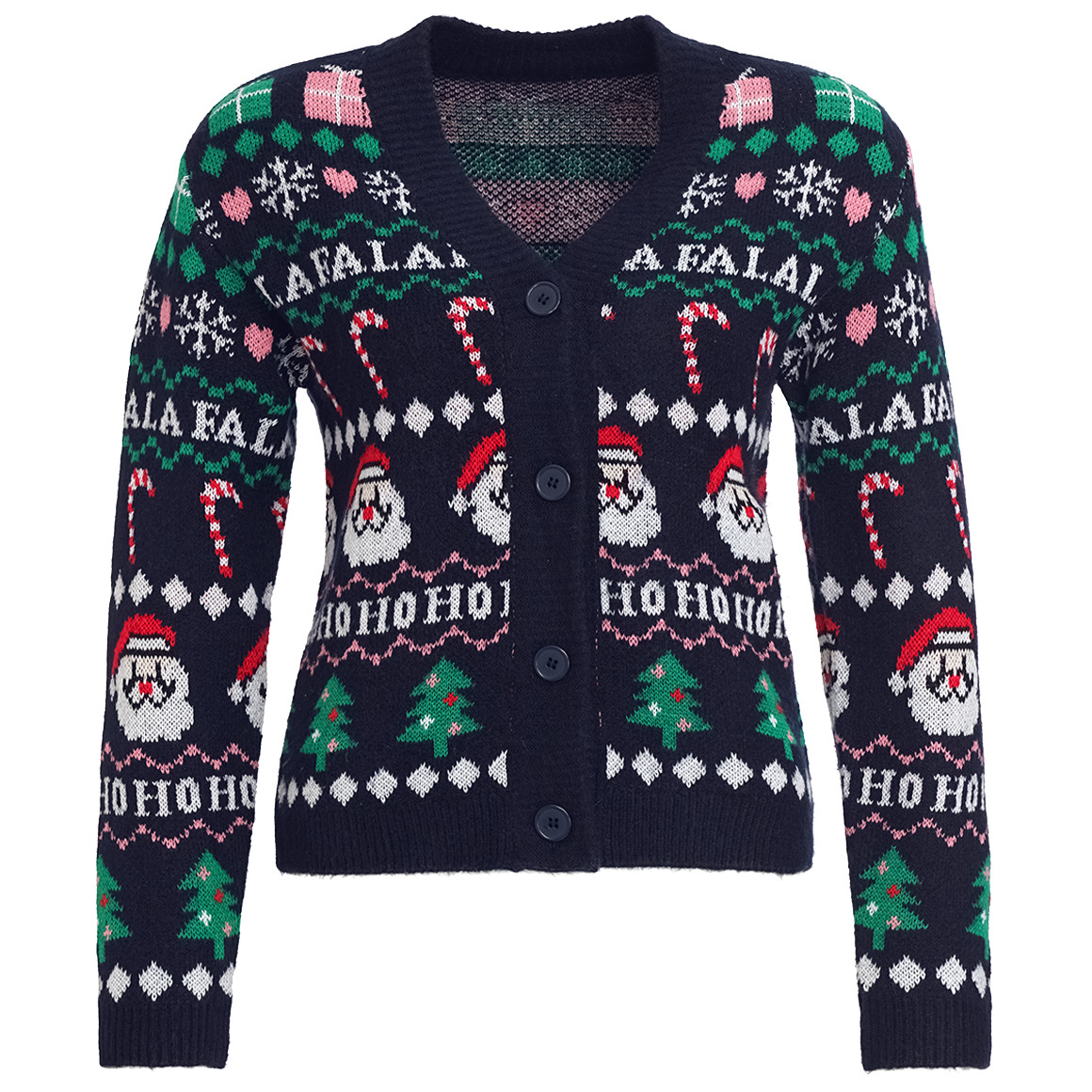 Damen Weihnachtsstrickjacke mit V-Ausschnitt dunkelblau