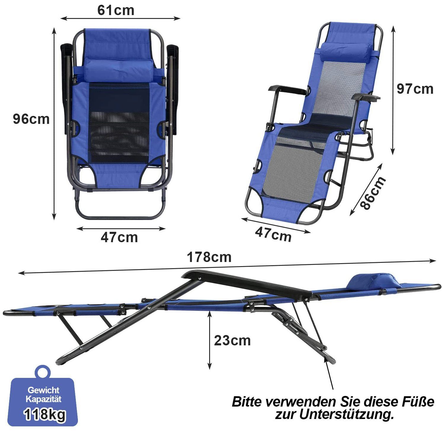 KAHOO Gartenliege Faltbare Sonnenliege, 62x18x97cm, bis 118kg, mit Kopfkissen