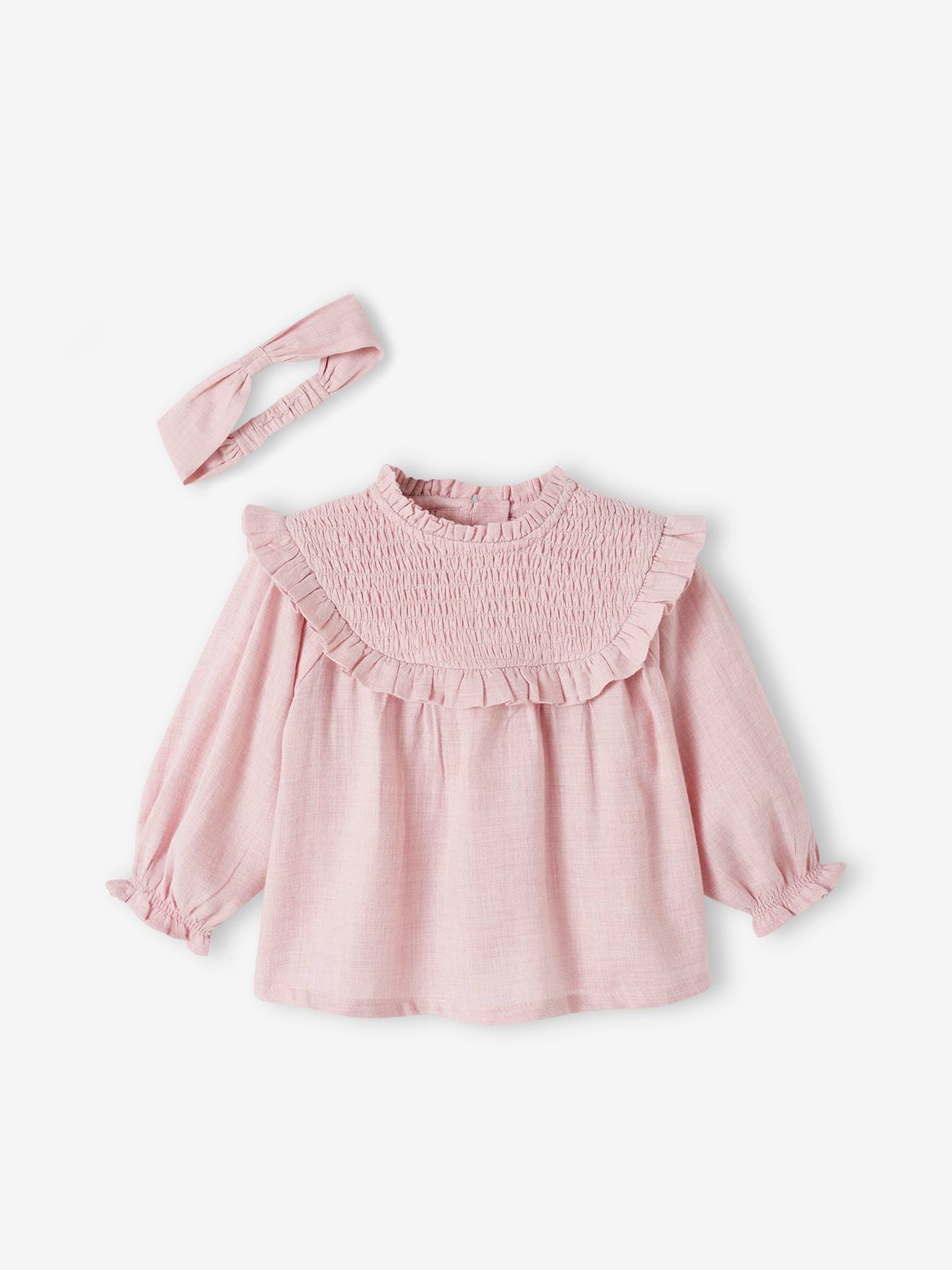 Vertbaudet Mädchen Baby-Set: Bluse gesmokt & Haarband - lila