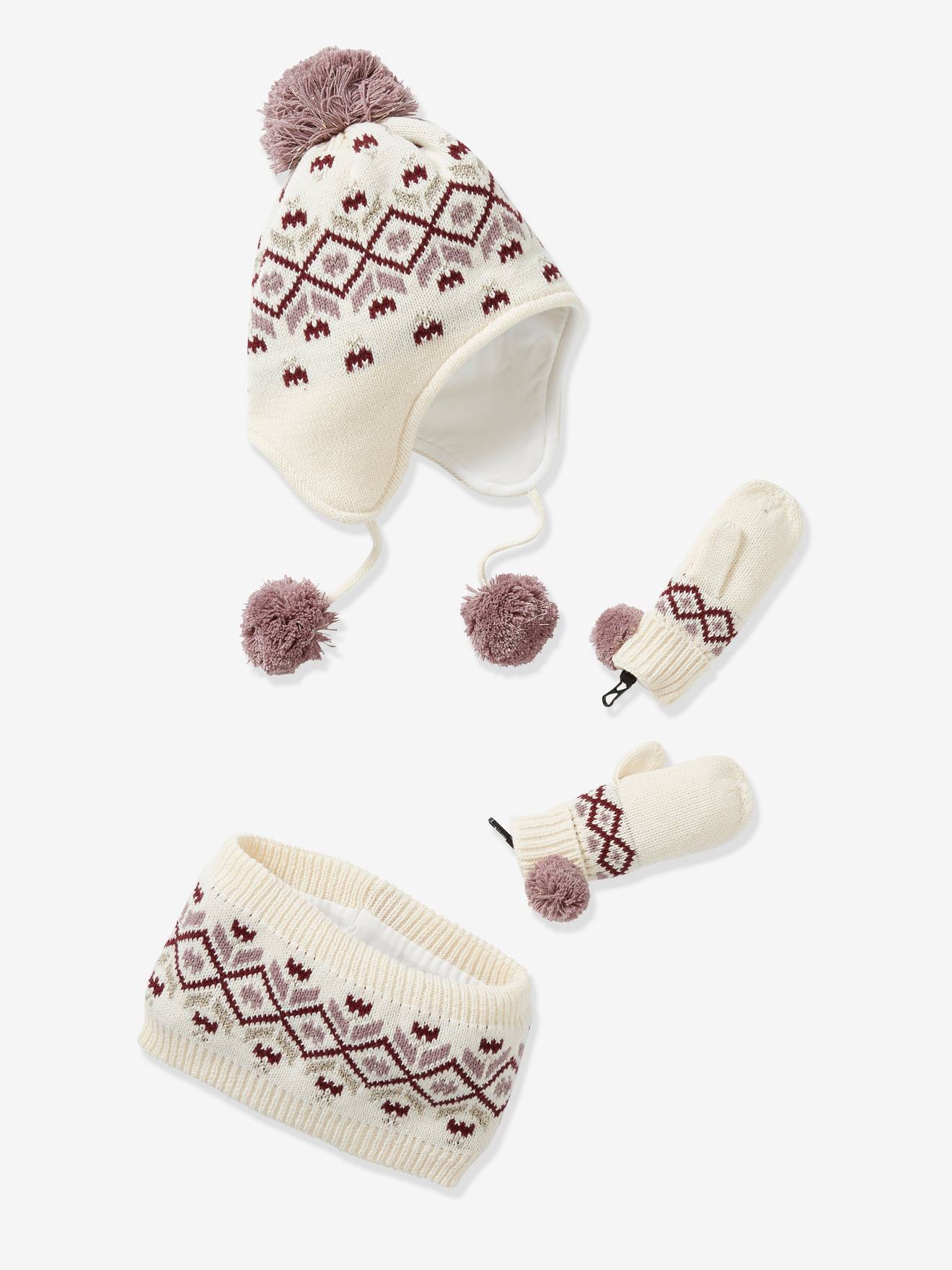 Ensemble fille bonnet + snood + gants jacquard écru