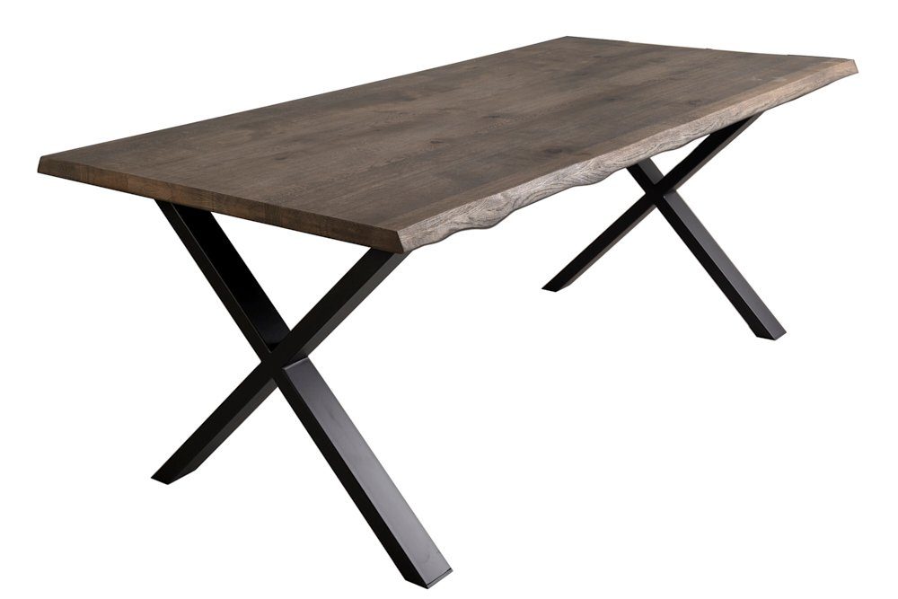 riess-ambiente Baumkantentisch WILD OAK 160cm grau (smoke finish) / schwarz (Einzelartikel, 1-St), Massivholz · Metall · X-Gestell · Wildeiche · geölt · verlängerbar