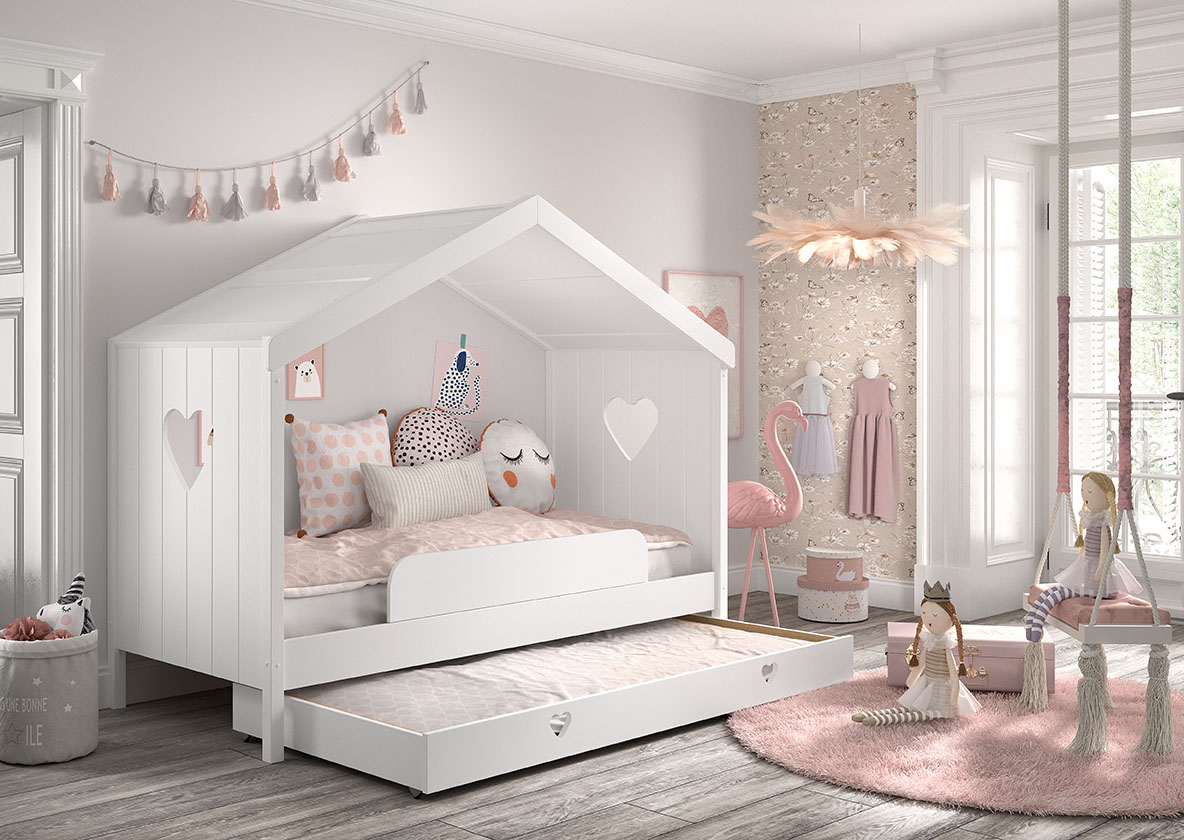 VIPACK Hausbett Amori mit Absturzschutz, Liegefläche 90 x 200 cm, inkl. Rolllattenrost und Bettschublade, Ausf. Kiefer und MDF weiß lackiert