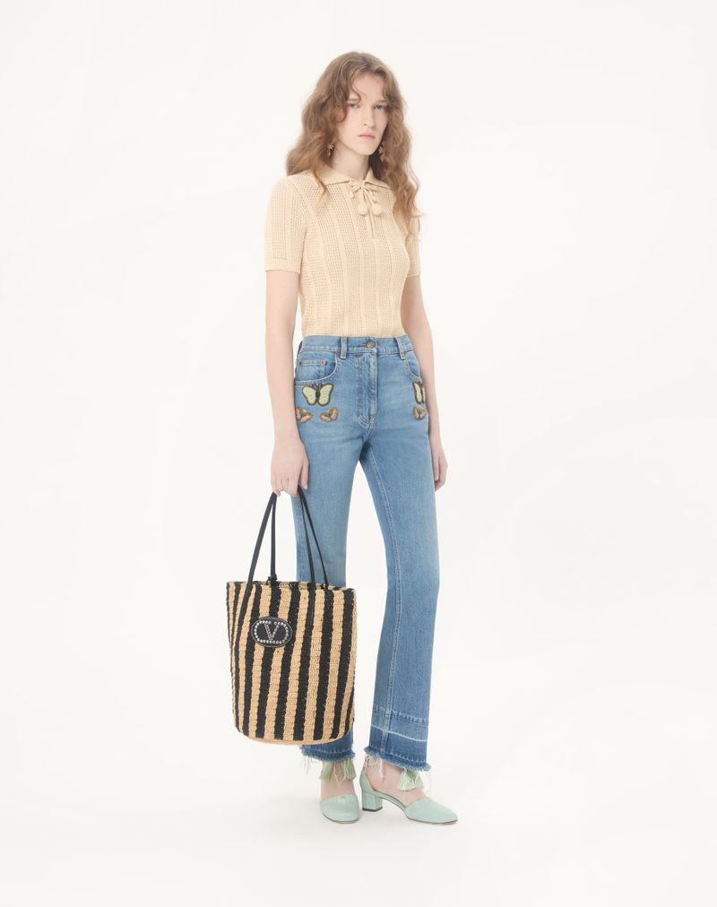 Bolsa de compras listrada de ráfia Valentino Garavani