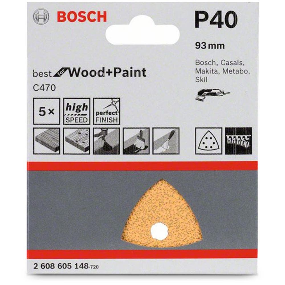 Lixa BOSCH Delta 93 mm, grão 40, 6 furos, velcro, para madeira e tinta - C470, 5 peças