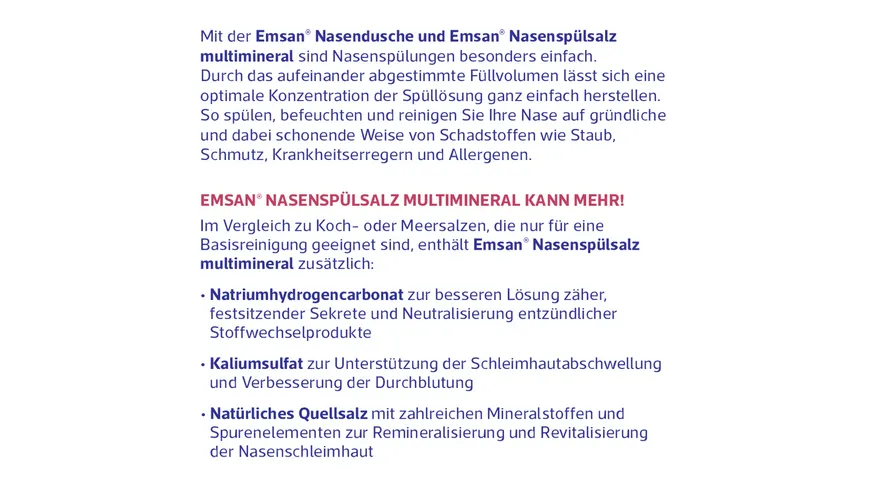 Emsan® Nasenspülsalz multimineral reinigt Ihre Nase auf gründliche und schonende Weise bei Schnupfen + Pollenallergie. 100 g