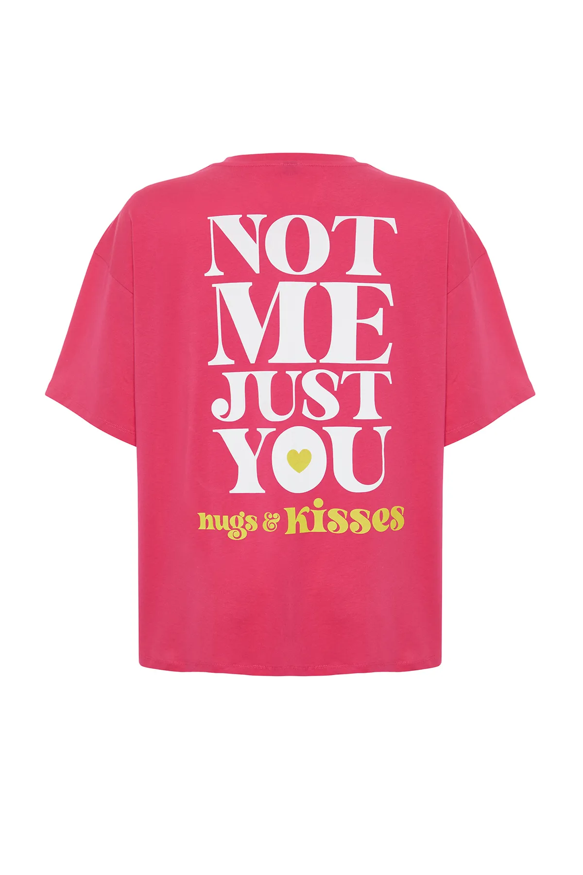 Trendyol Collection  Fuchsiafarbenes Strick-T-Shirt mit Slogan-Aufdruck aus 100 % Baumwolle auf der Rückseite und Vorderseite in Übergröße/bequemer Passform TWOSS24TS00235