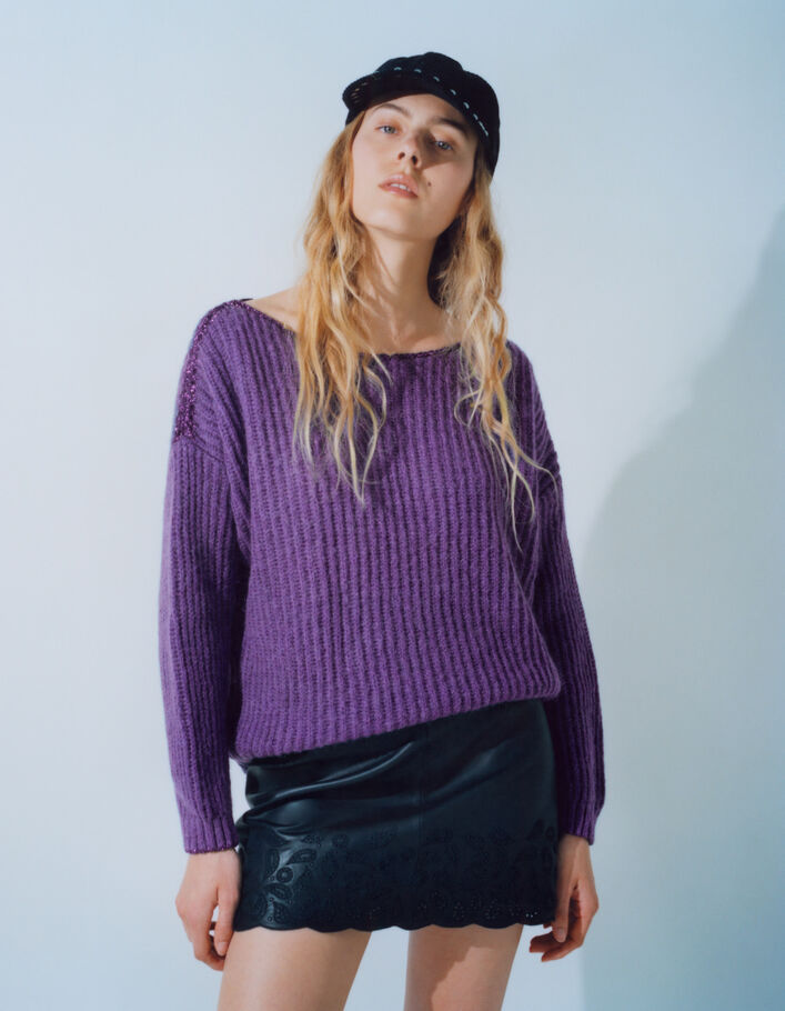 Pull violet tricot à côtes et détails lurex Femme
