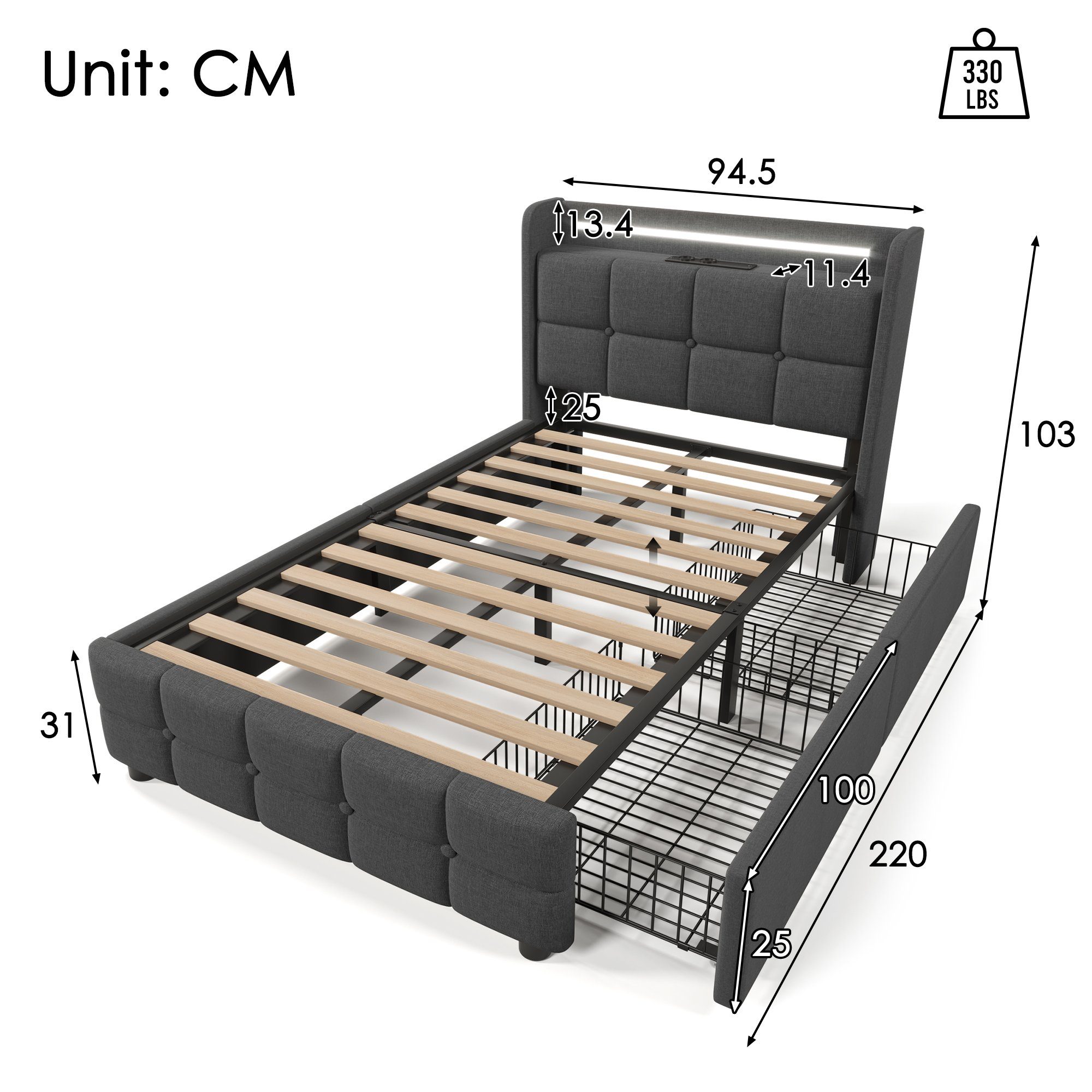 Flieks Polsterbett, LED-Beleuchtung Einzelbett 90x200cm mit Ladefunktion und 2 Schubladen