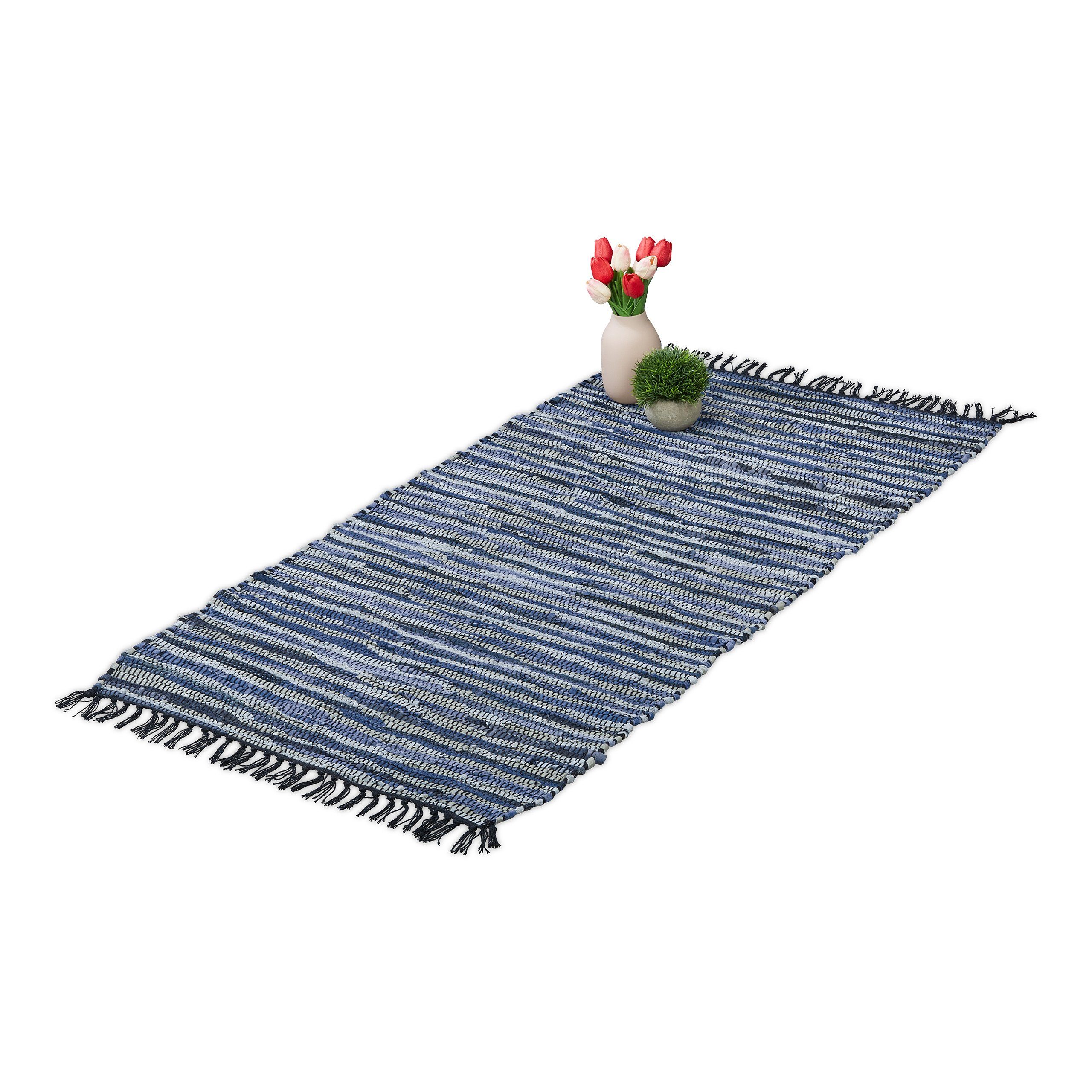 Läufer Flickenteppich Leder & Baumwolle, relaxdays, Höhe: 10 mm, Blau, 70x140cm