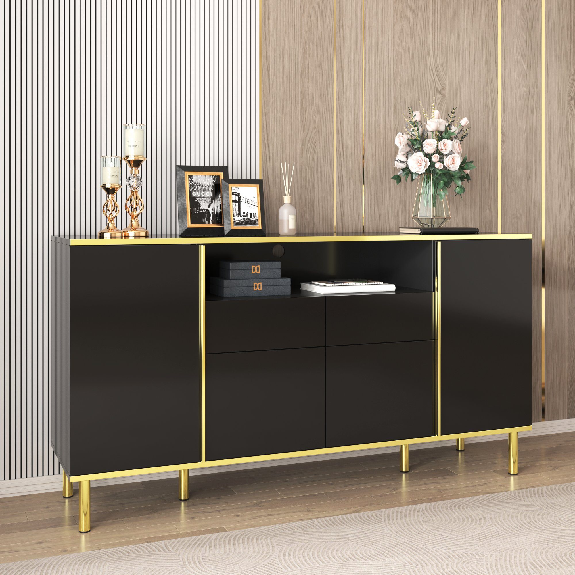Merax Sideboard, hochglanz mit LED, Kommode mit goldenen Rahmen, Anrichte, Breite 150cm