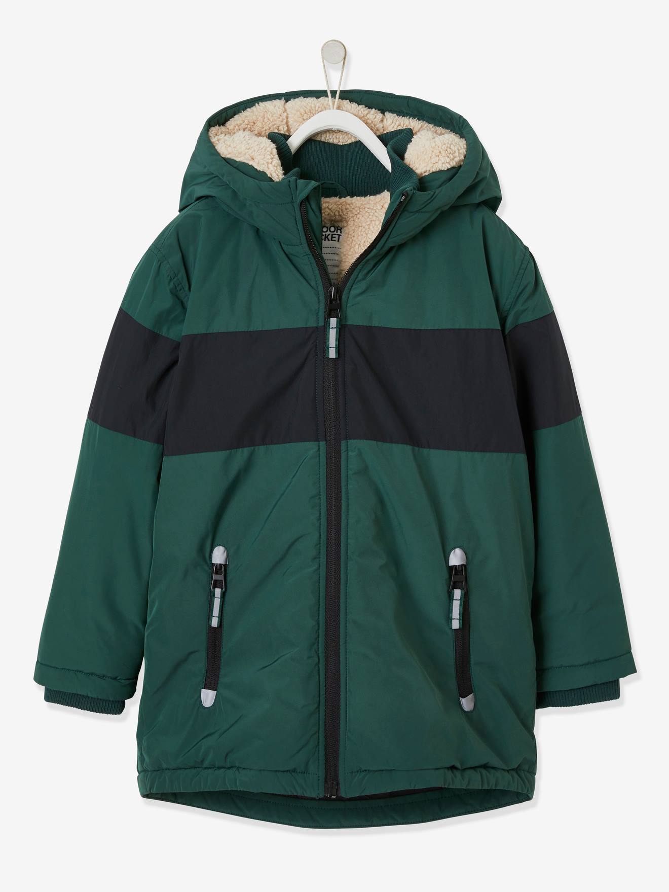 Parka longue à capuche color block garçon. vert