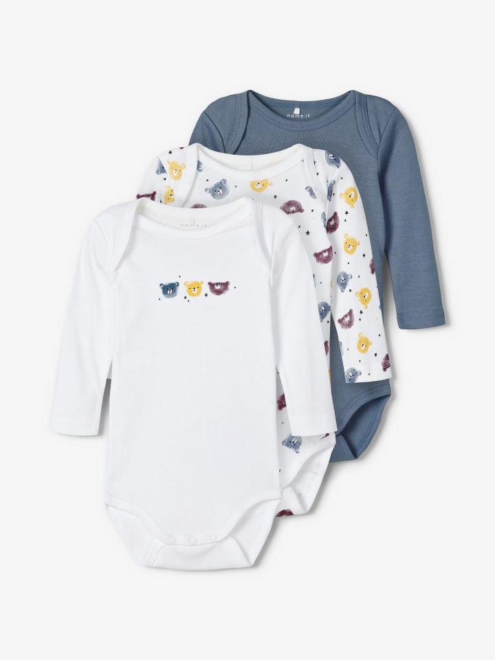 name it 3er Pack Baby langarm Body mit Teddy Motiv in Blau günstig kaufen