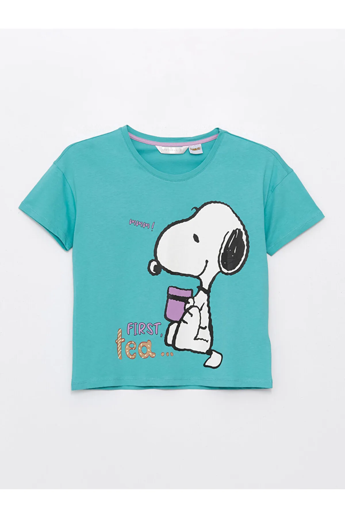 LC Waikiki  Kurzarm-Damenpyjama-Set mit Rundhalsausschnitt und Shorts, bedruckt mit Snoopy-Motiv