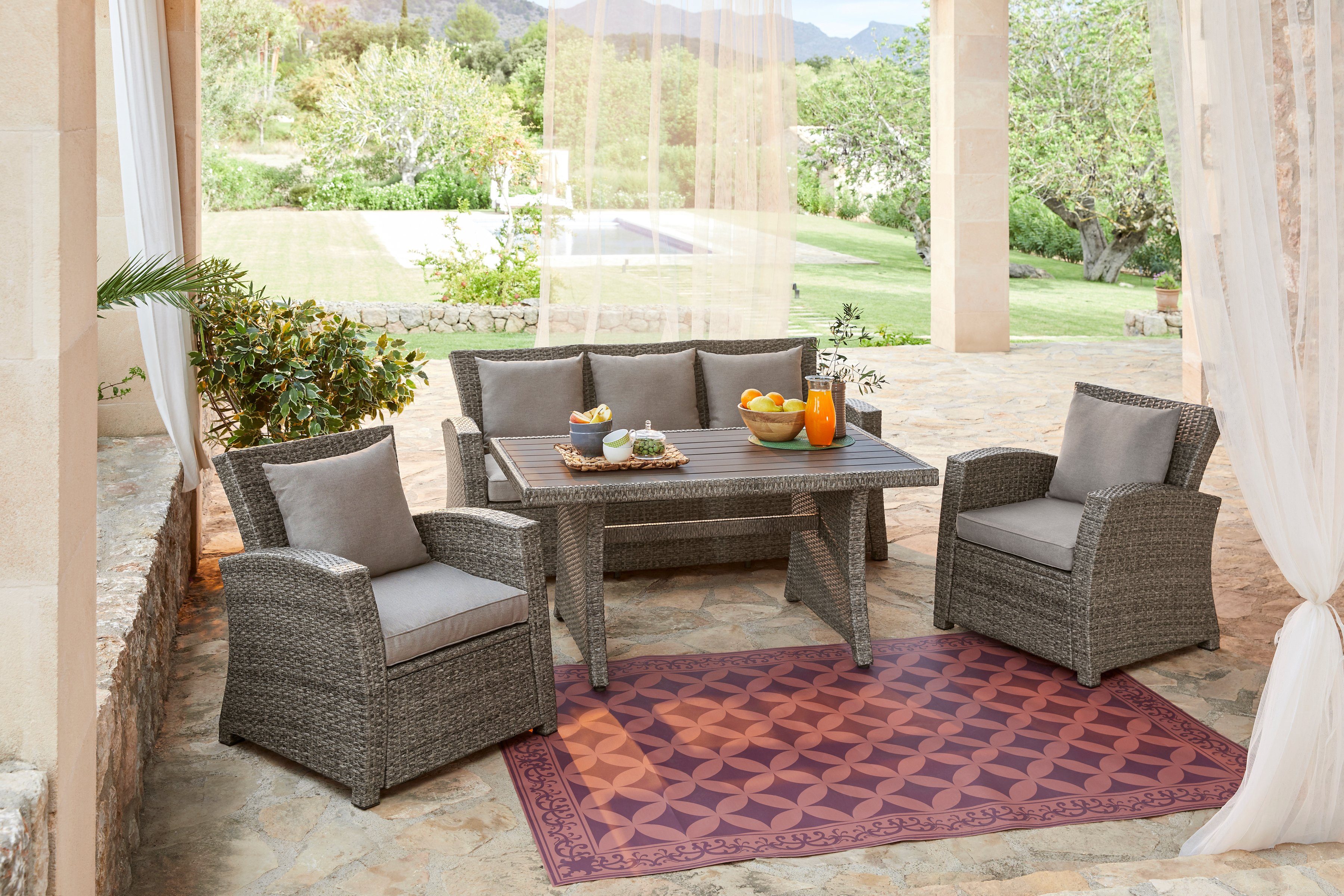 KONIFERA Gartenlounge-Set Siros, (12-tlg), 3-er Sofa, 2 Sessel, Tisch 135x82 cm, Polyrattan