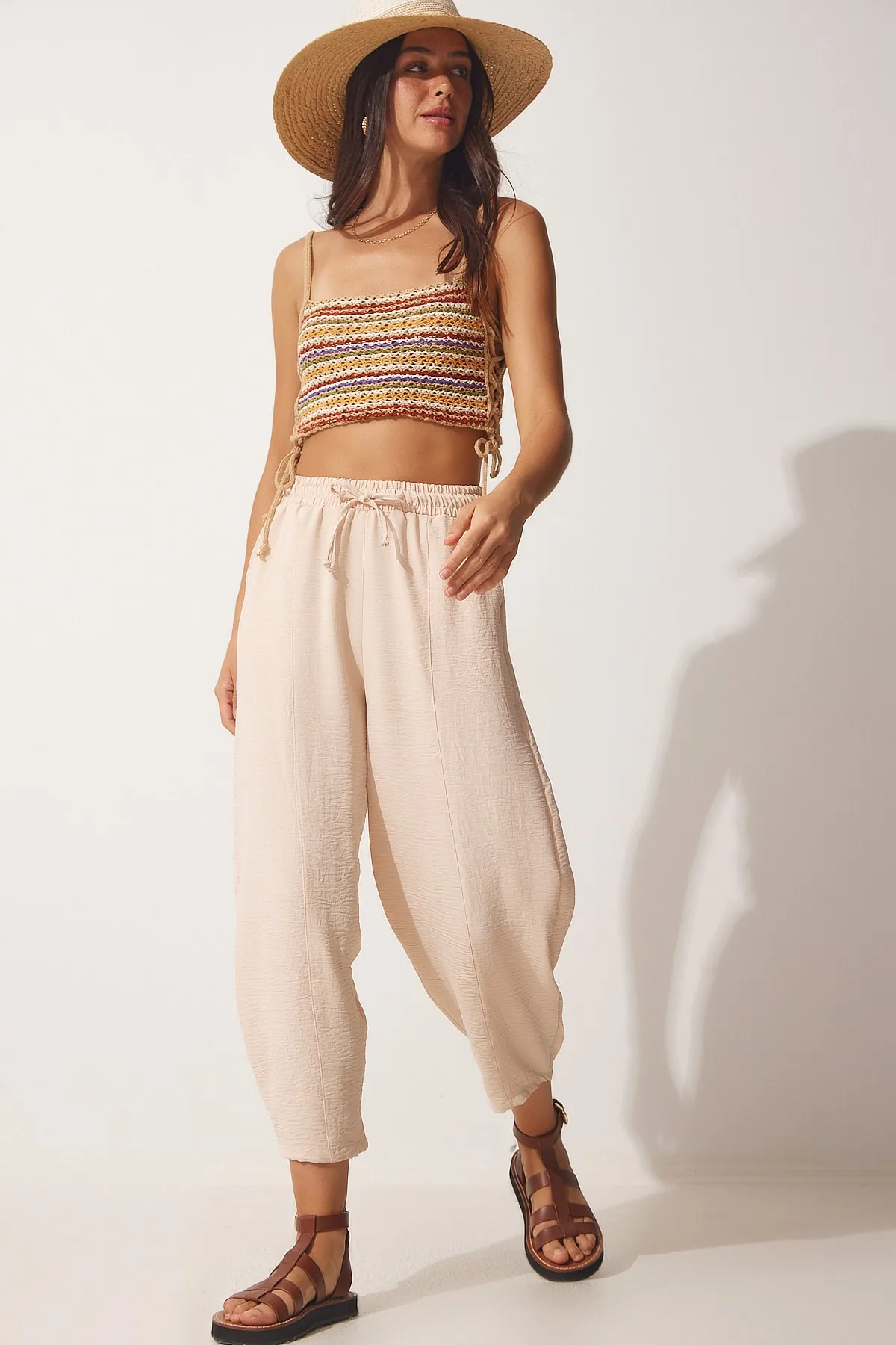 Happiness İstanbul  Shalwar-Hose aus hellcremefarbenem Leinen für Damen CI00036