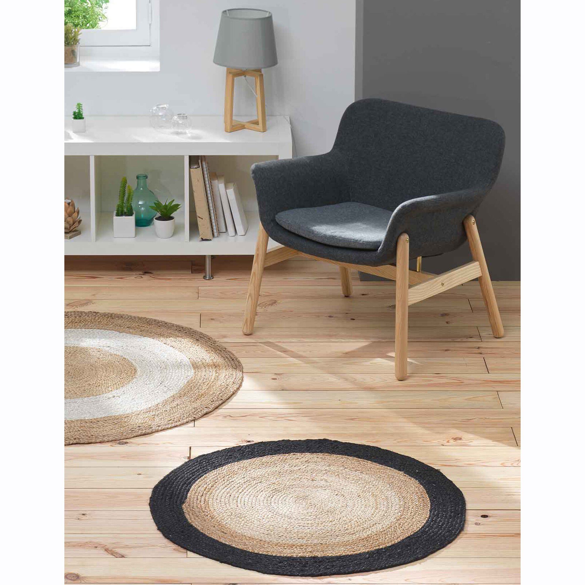 Tapis rond bicolore noir en jute