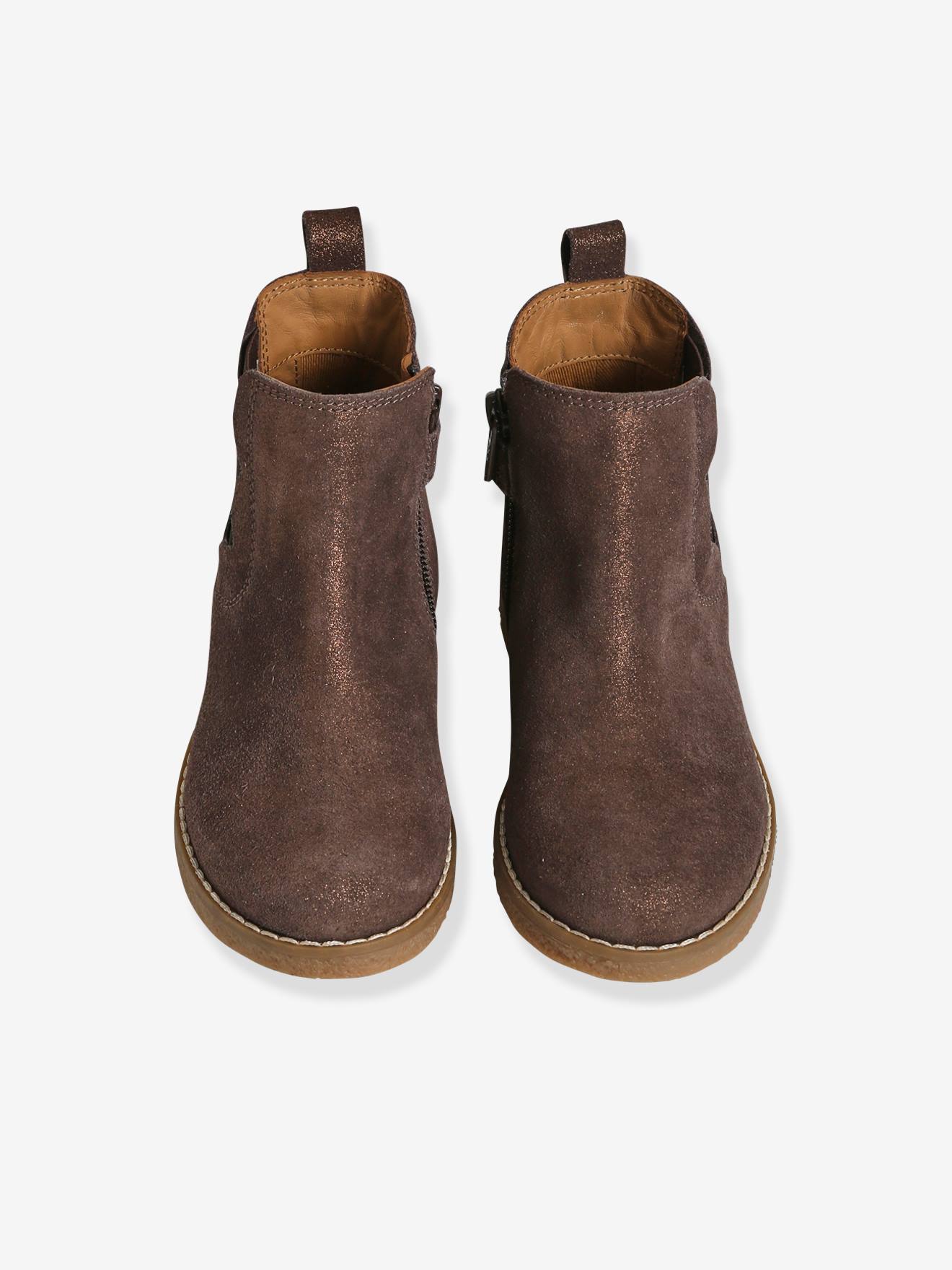 Boots cuir fille zippées et élastiquées marron irisé