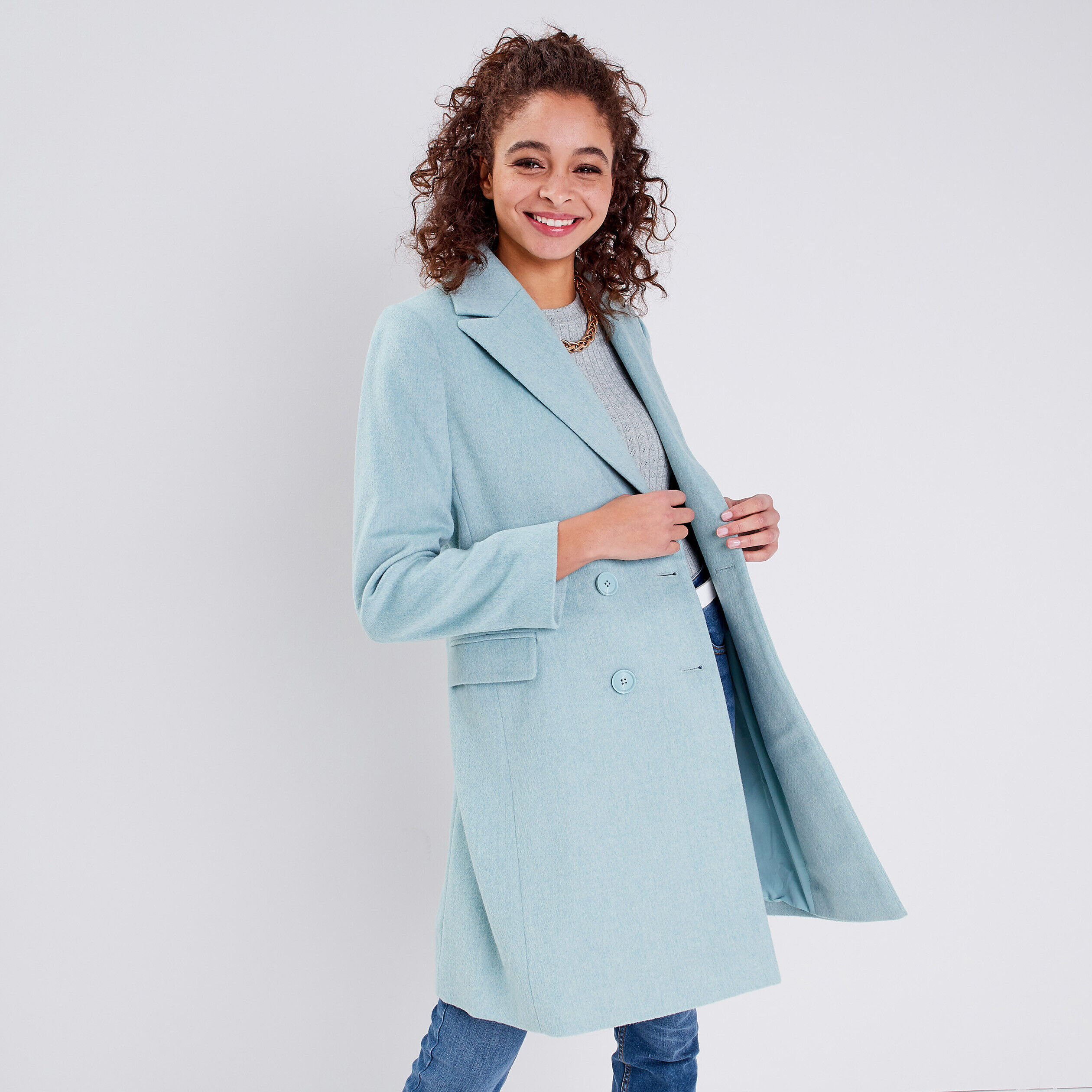 Manteau droit boutonné bleu turquoise femme | Cache Cache
