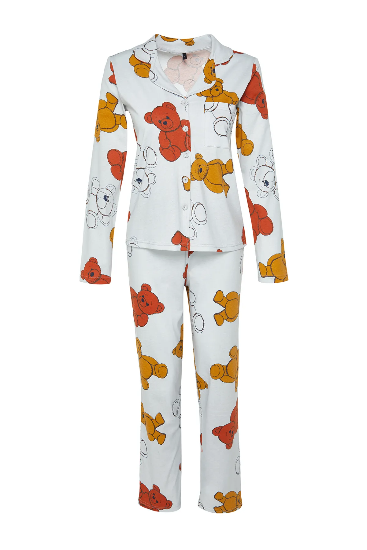 Trendyol Collection  Graues Pyjama-Set aus Hemd und Hose aus 100 % Baumwolle mit Teddybär-Muster THMAW24PT00002