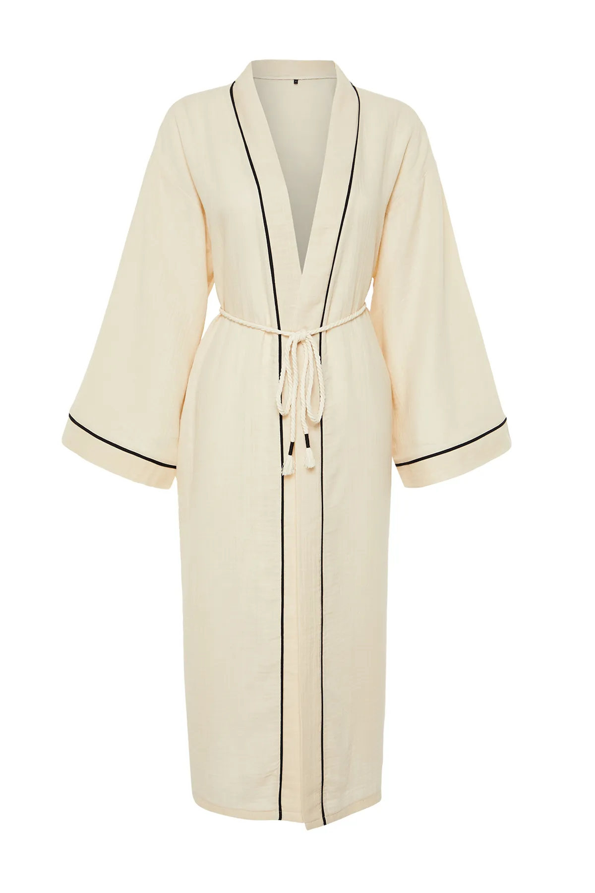 Trendyol Collection  Beigefarbener Maxi-Kimono und Kaftan aus Musselin mit gewebten Paspeln und Gürtel TBESS24KM00052