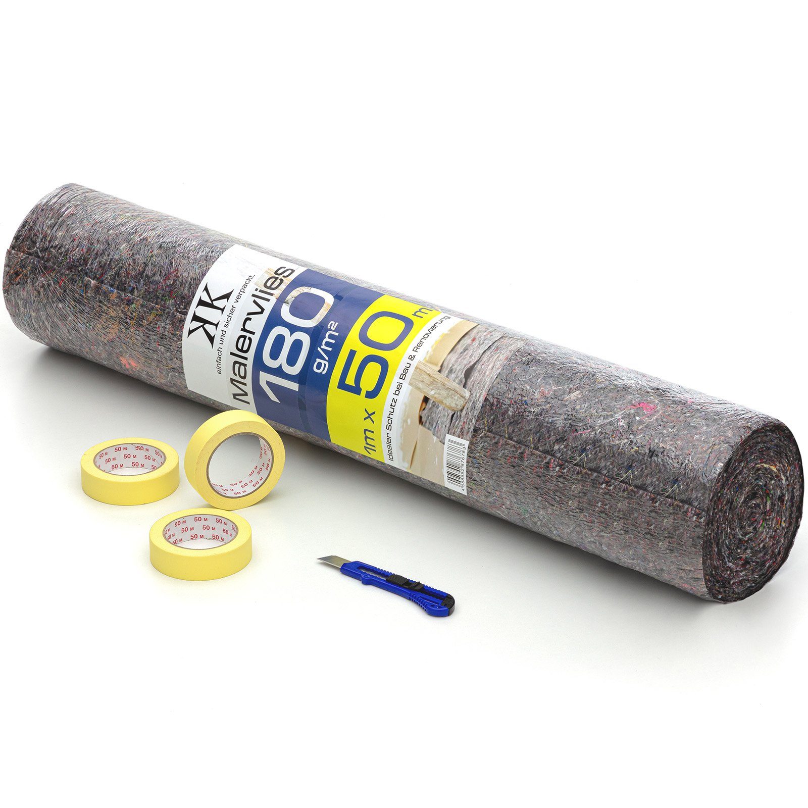 KK Verpackungen Bodenschutzvlies, (Spar-Set), Set Malervlies 50m Kreppband 30mm x 50m Cuttermesser 18mm