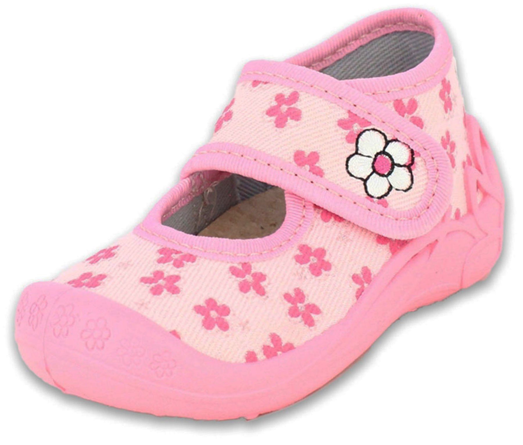 Beck Kleinkind Hausschuhe Little Flower Hausschuh (Leder-Decksohle, atmungsaktive Materialien) rutschfeste flexible Laufsohle, verstellbarer Klettverschluss