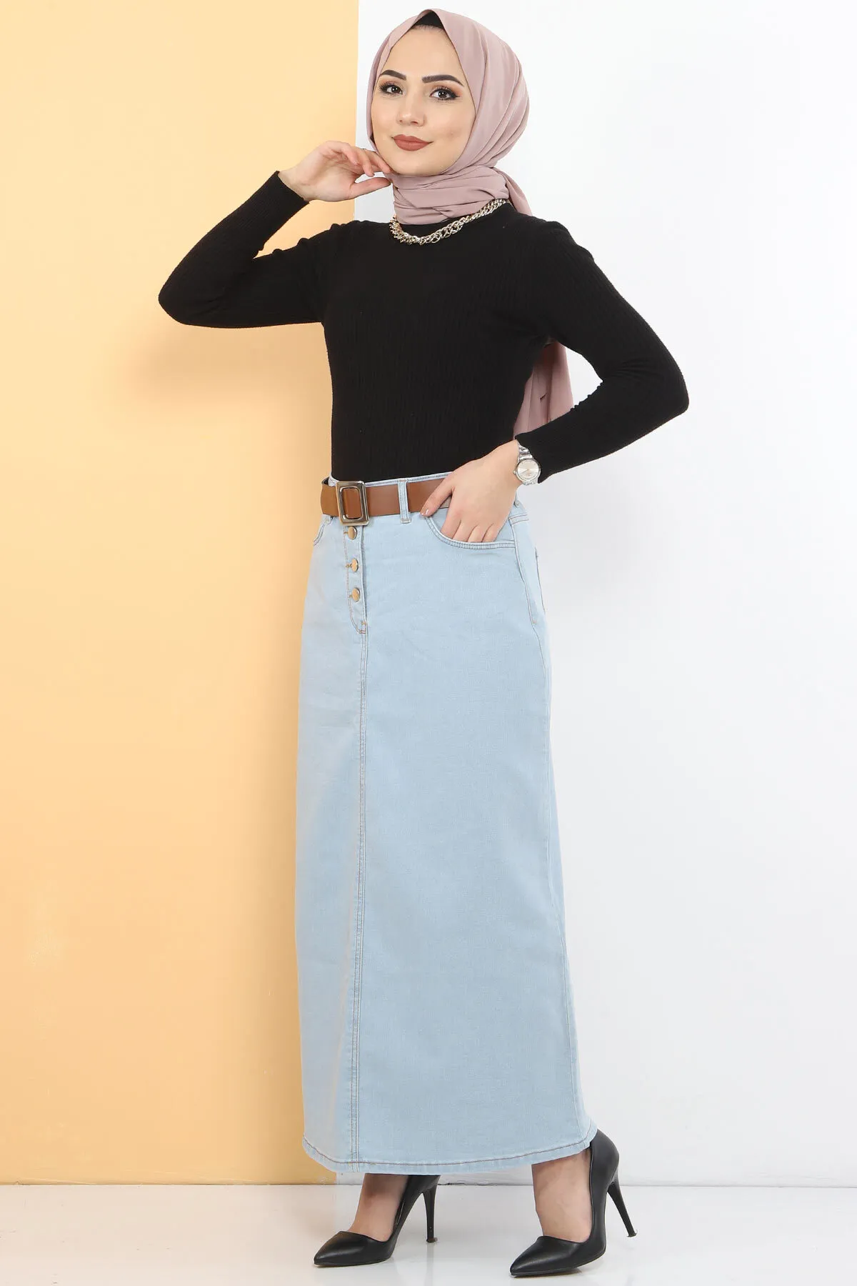 Tesettür Dünyası  Jeansrock mit Gürtel TSD231015 Hellblau