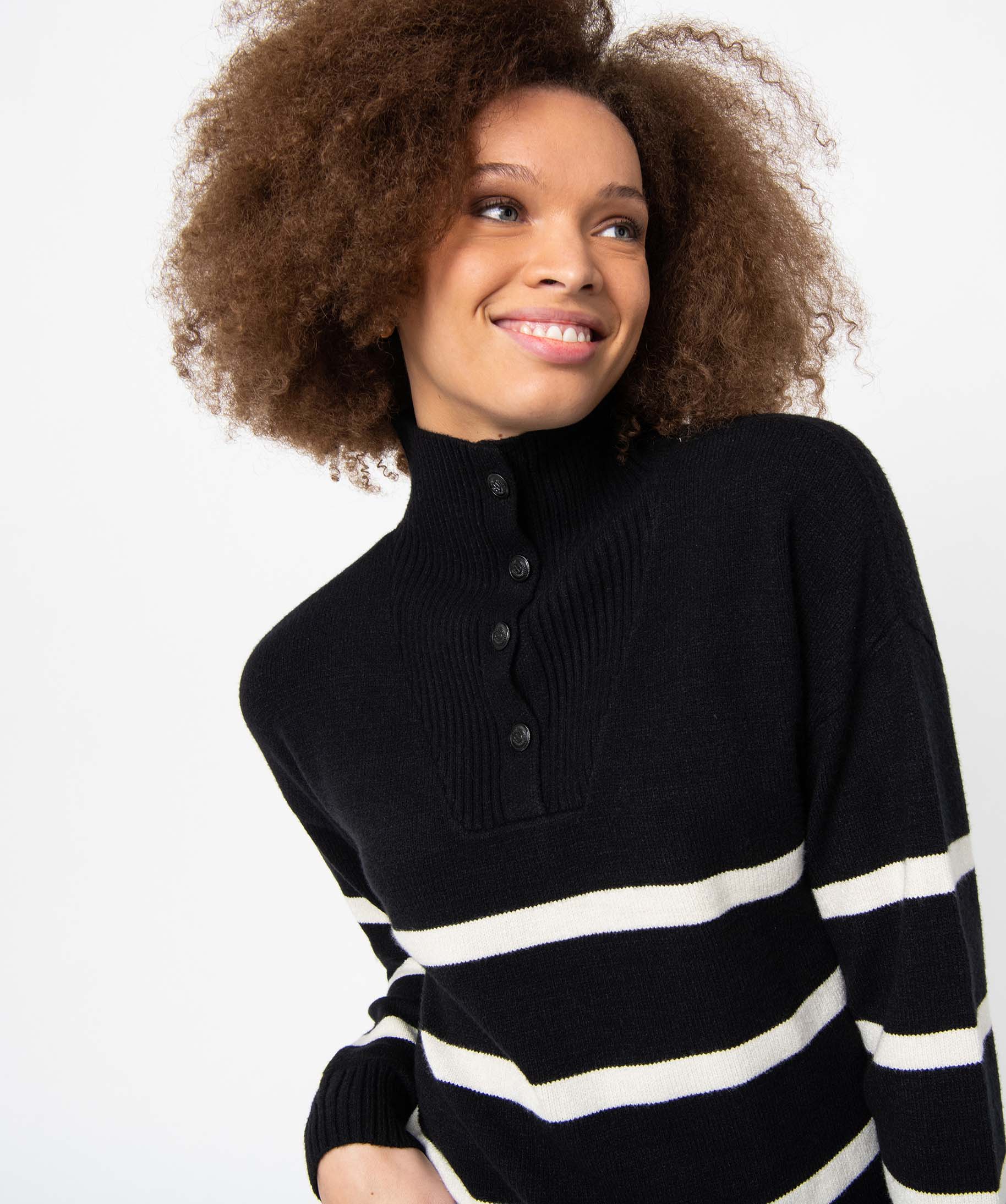 Robe pull femme à rayures avec col montant boutonné raye | GEMO