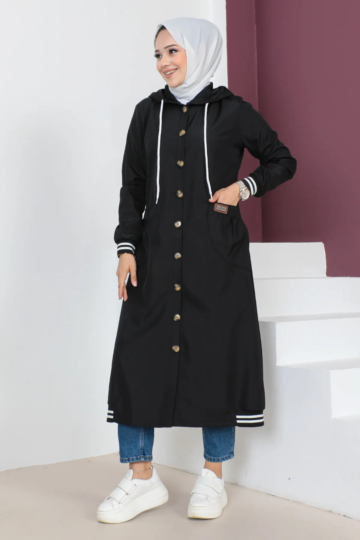 Tesettür Dünyası  Gerippter Trenchcoat TSD230638 Schwarz