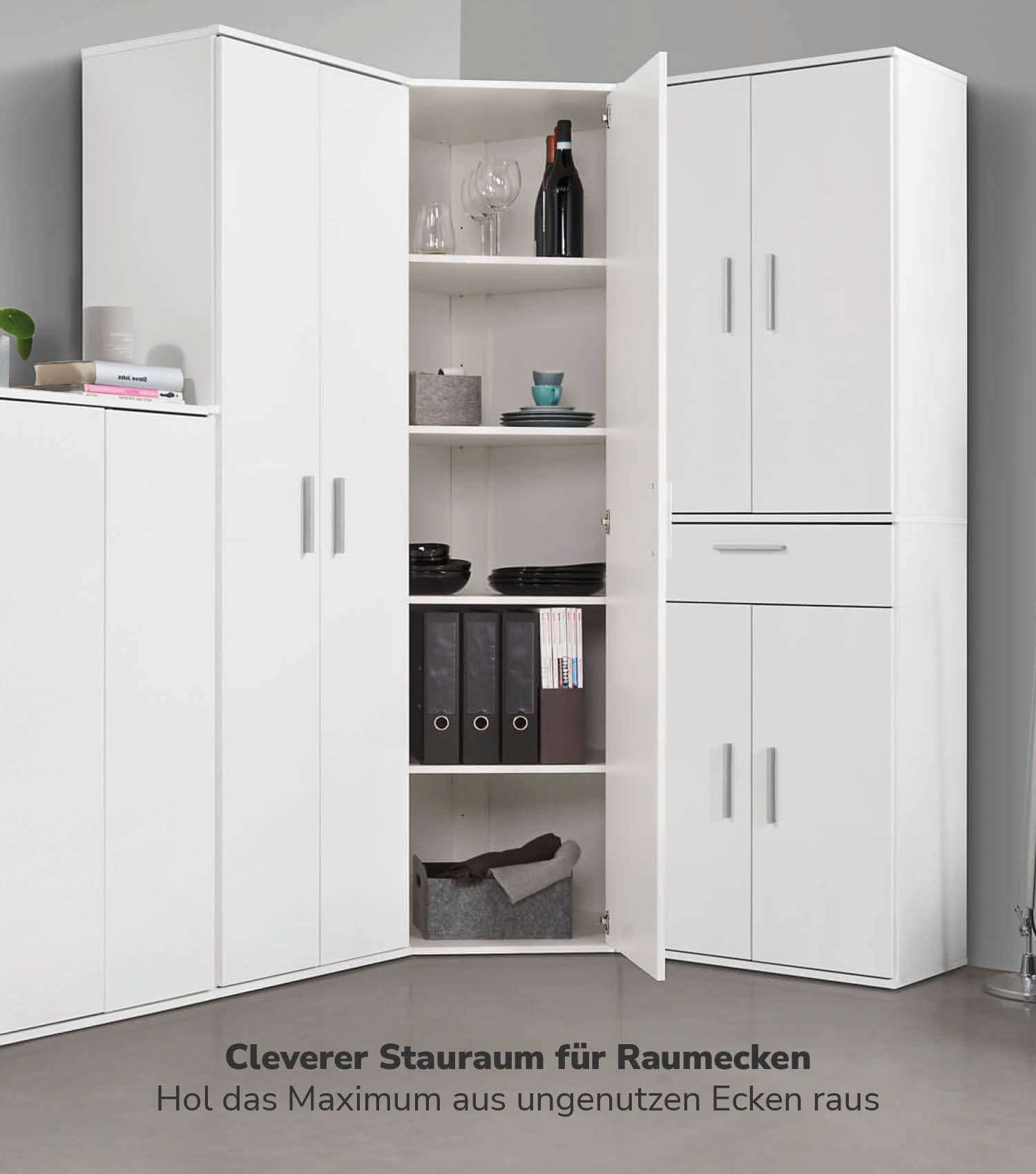 mokebo Mehrzweckschrank Der Lange Eckschrank (mit 4 Einlegeböden) als Eckschrank, Aktenschrank, Schuhschrank oder Schrank in Weiß